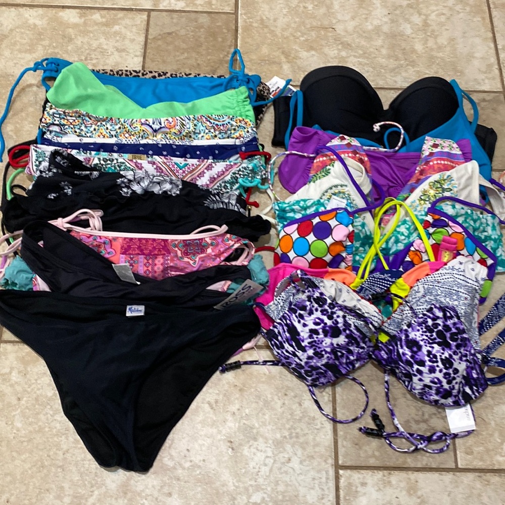 Grab Bag of Miscellaneous bathing suit tops and bottoms. 12 bottoms and 9 tops.